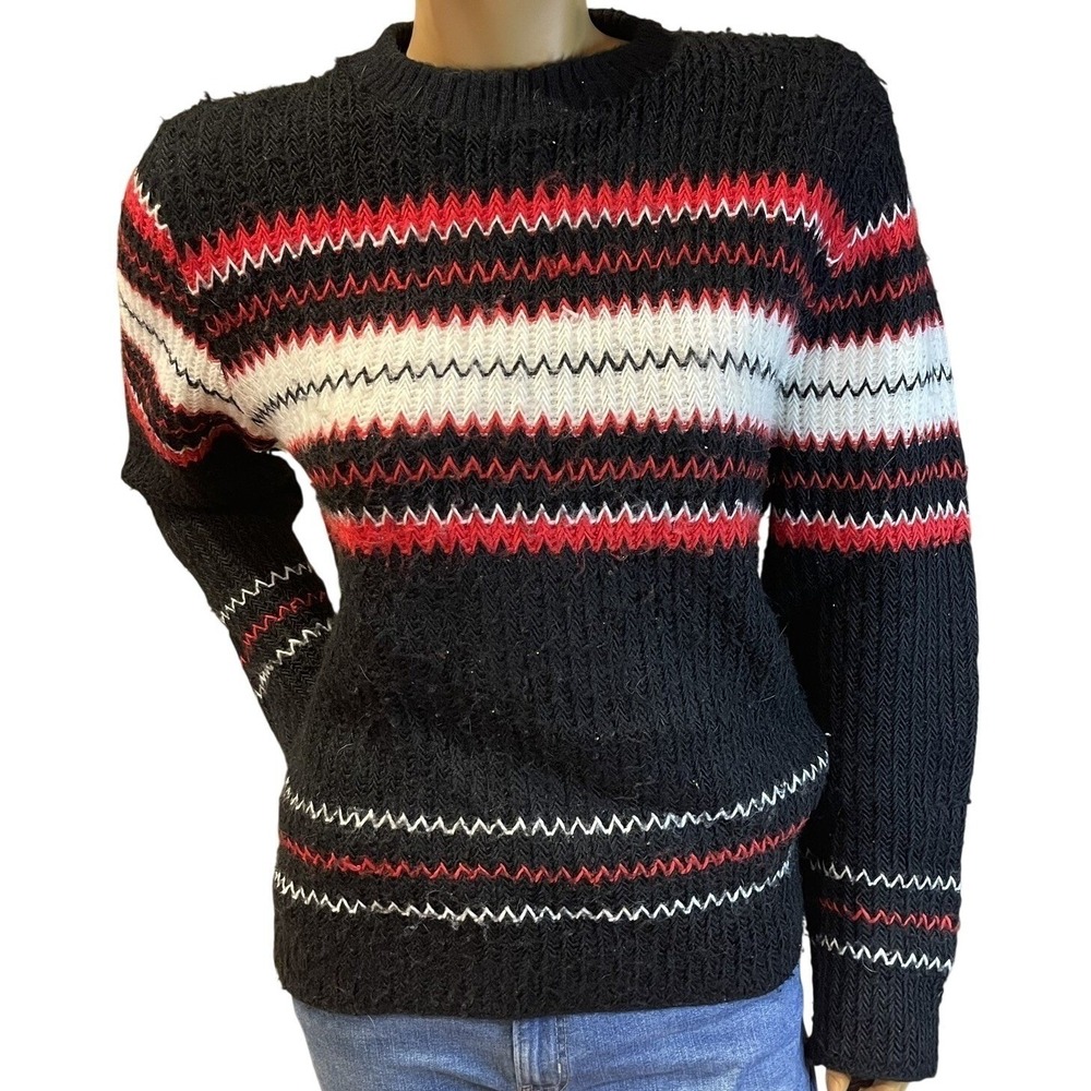 Vintage 60s Minnesota Woolen Black Red Zigzag Stripe Wool Ski Sweater L
